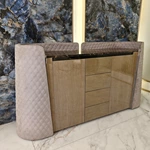 Natural Wood Veneer Sideboard with Dark Marble Top, Quilted Curved Side Panels, Four Drawers and Dual Cabinets